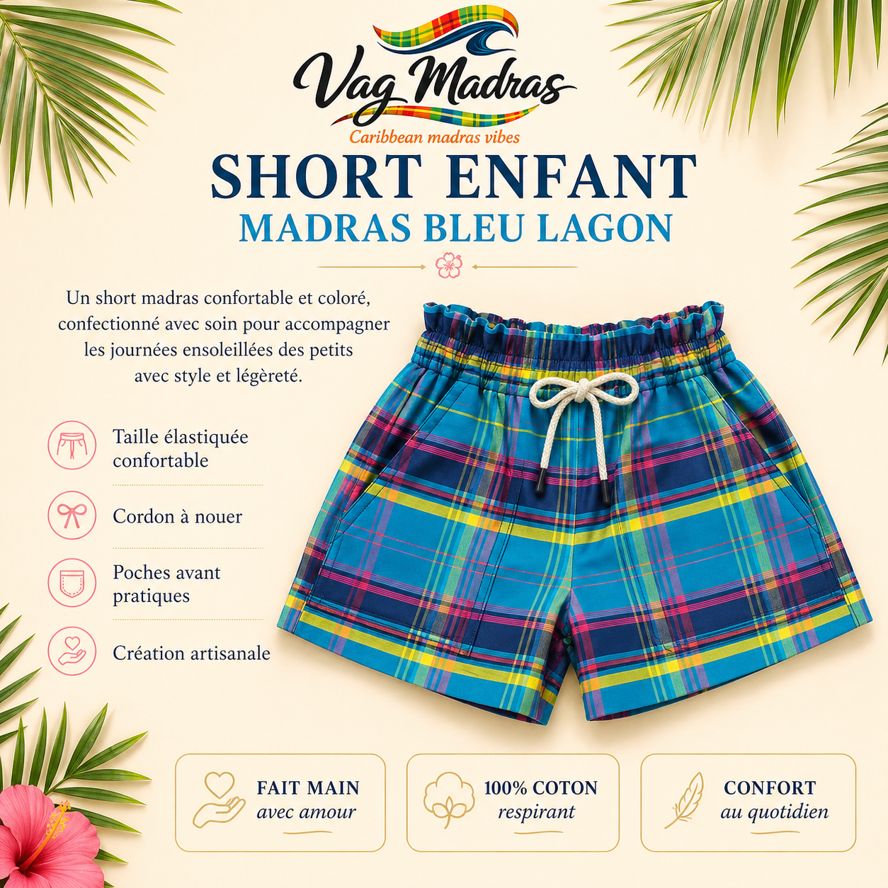 Short enfant madras Bleu Lagon – fait main