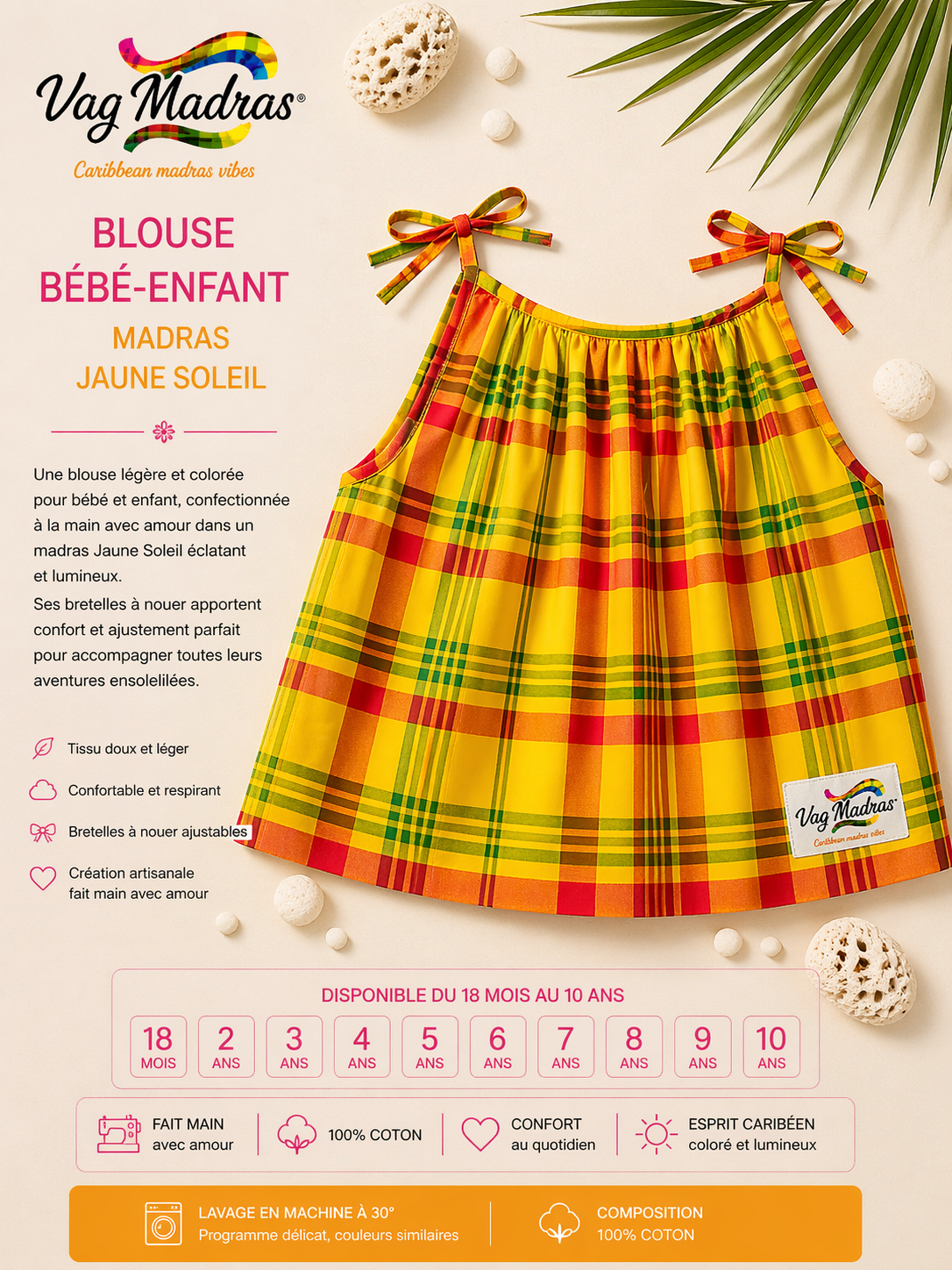 Blouse bébé-enfant madras Jaune Soleil – fait main
