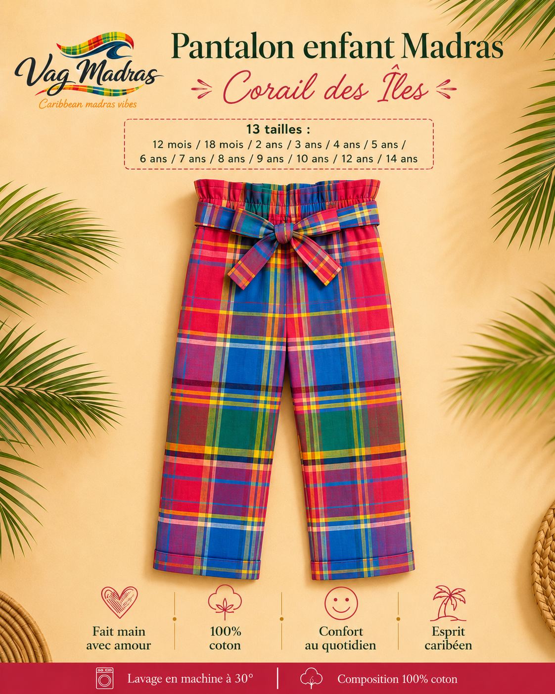 Pantalon enfant madras Corail des Îles – fait main