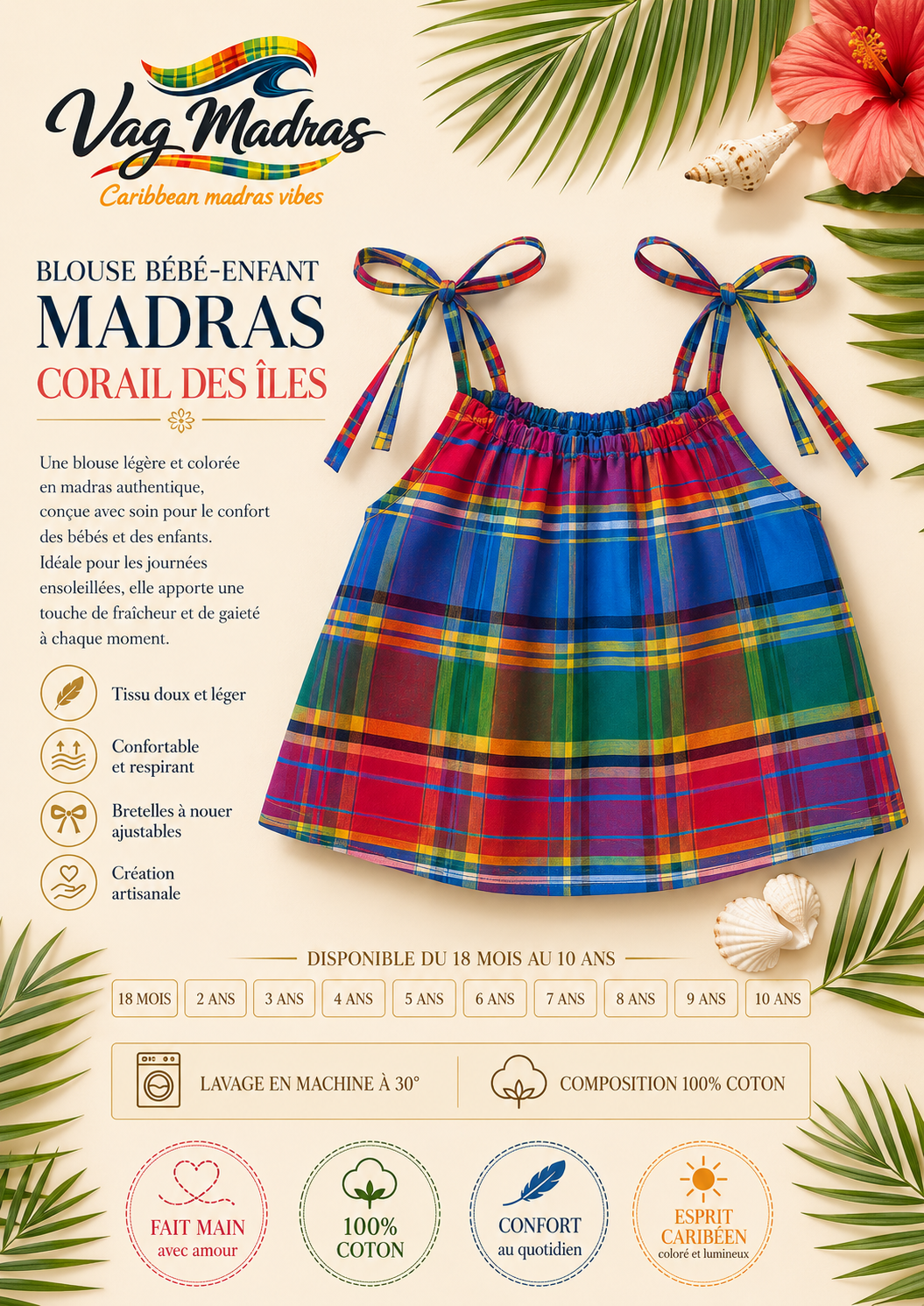 Blouse bébé-enfant madras Corail des Îles – fait main