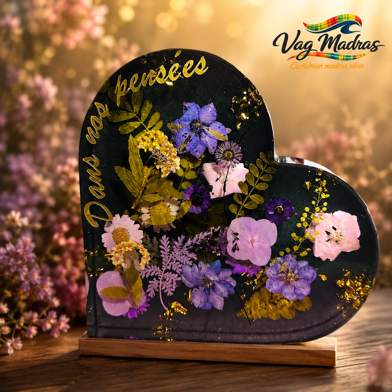 Cœur souvenir en résine personnalisable – Fleurs séchées & photo