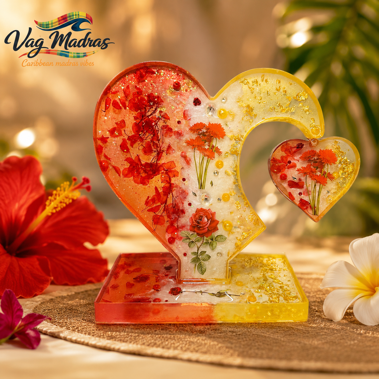 Cœur décoratif en résine – Soleil Tropical & Fleurs