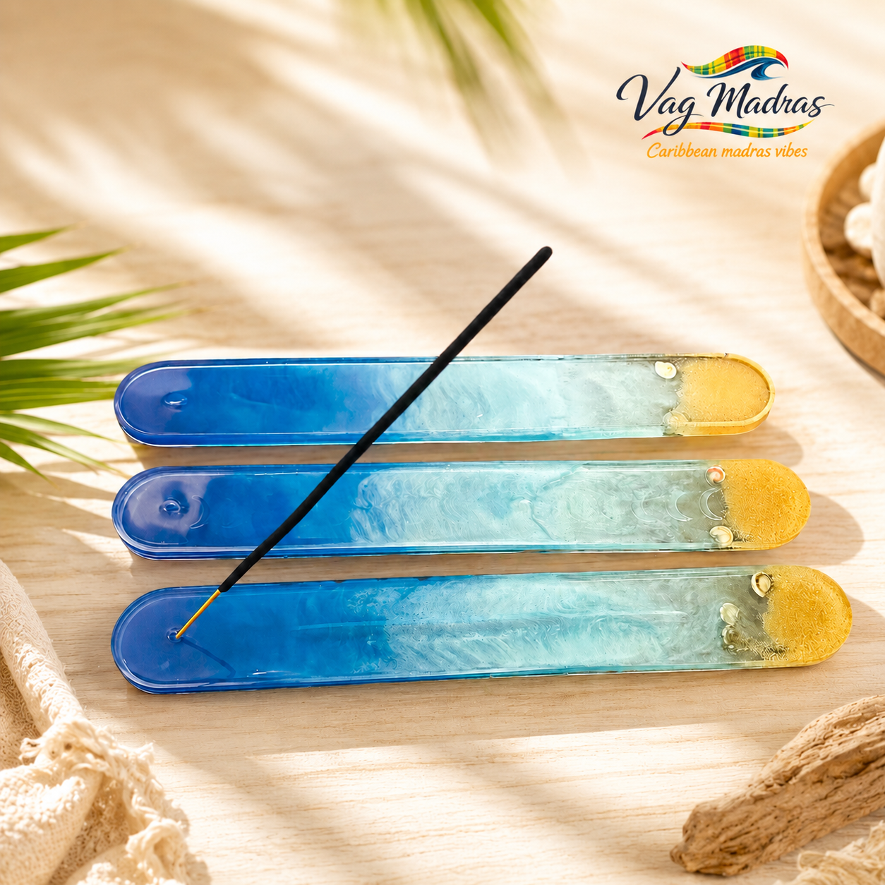 Porte-encens en résine – Bleu Océan & Sable