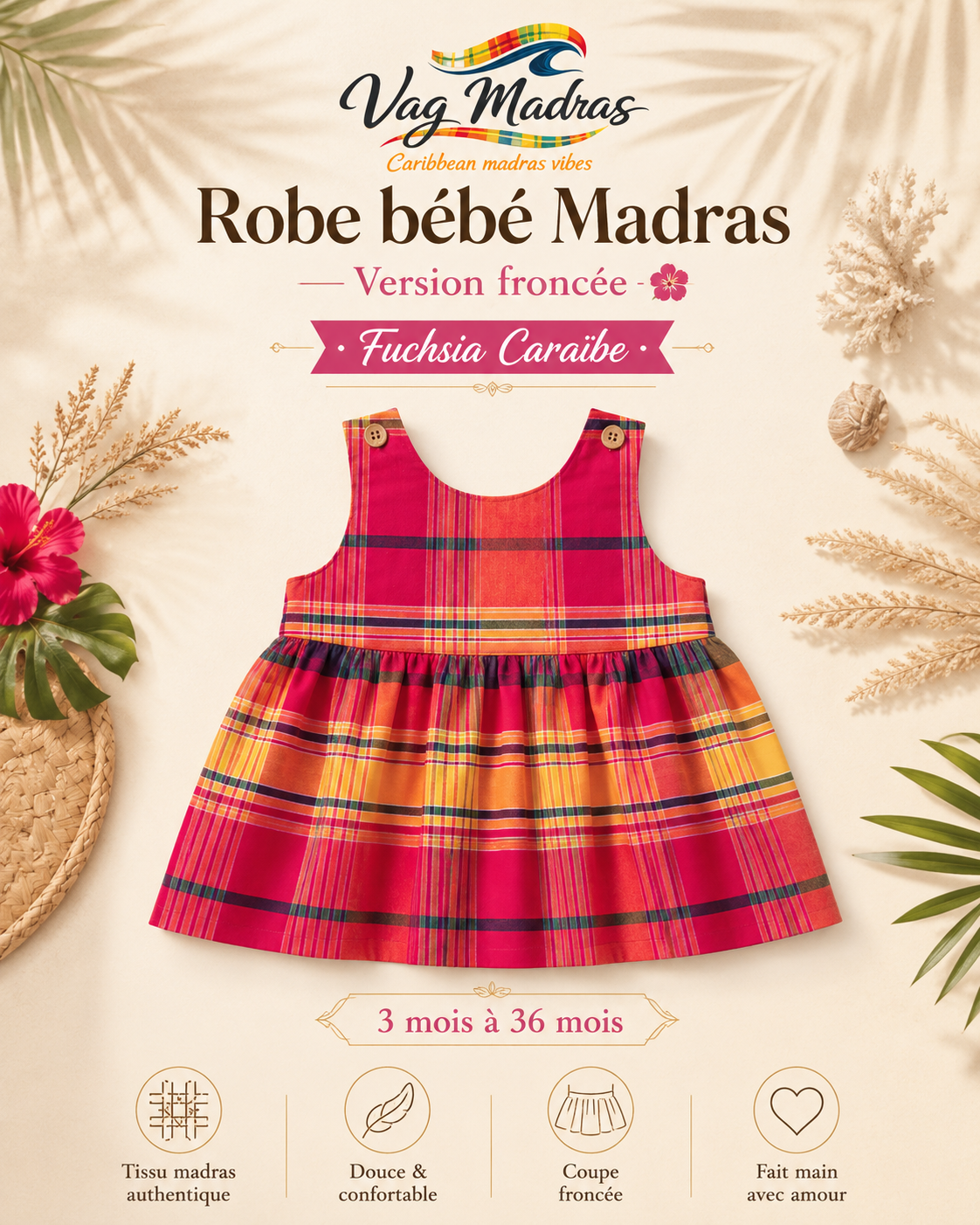 Robe froncée bébé madras Fuchsia Caraïbe – fait main