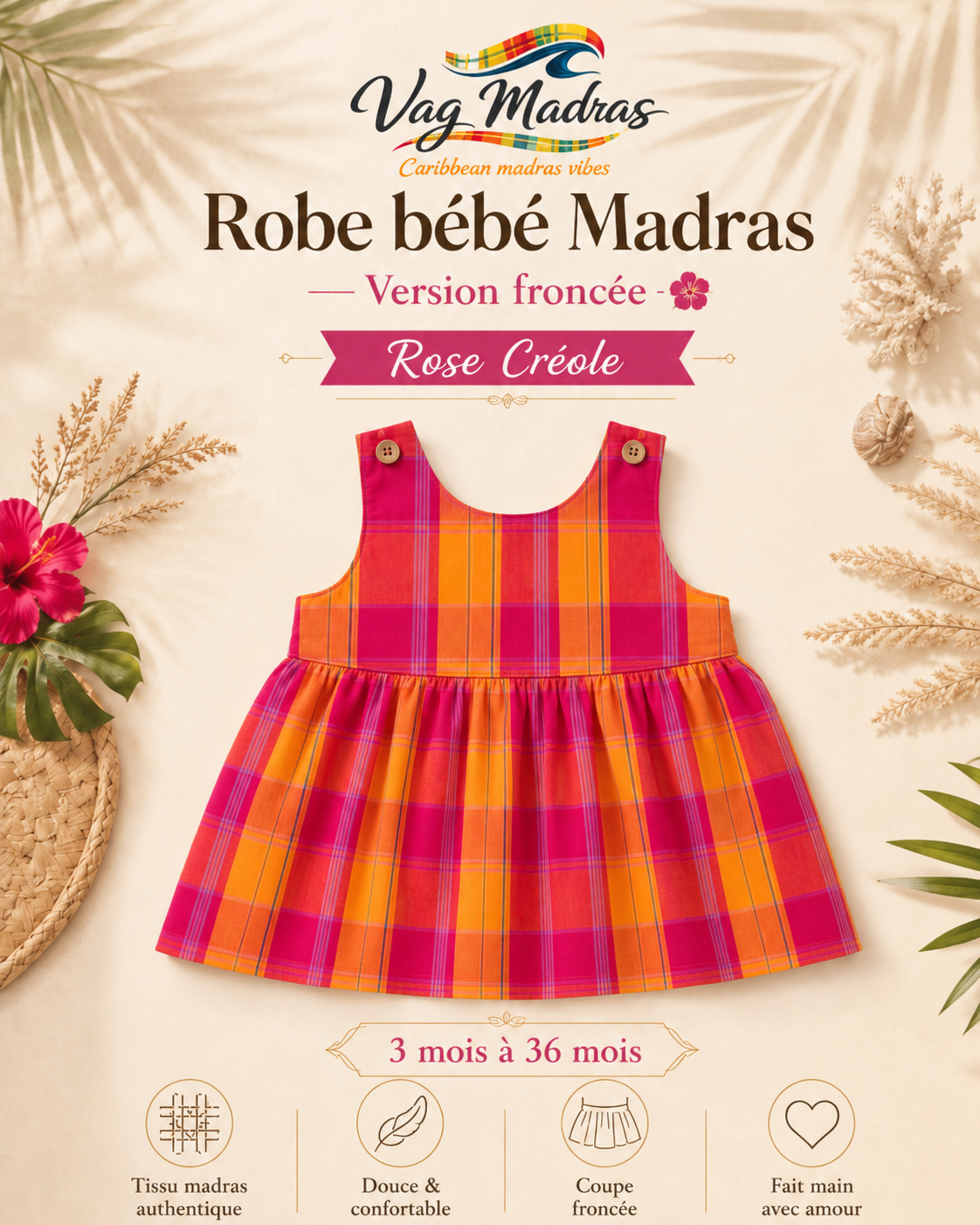 Robe froncée bébé madras Rose Créole – fait main