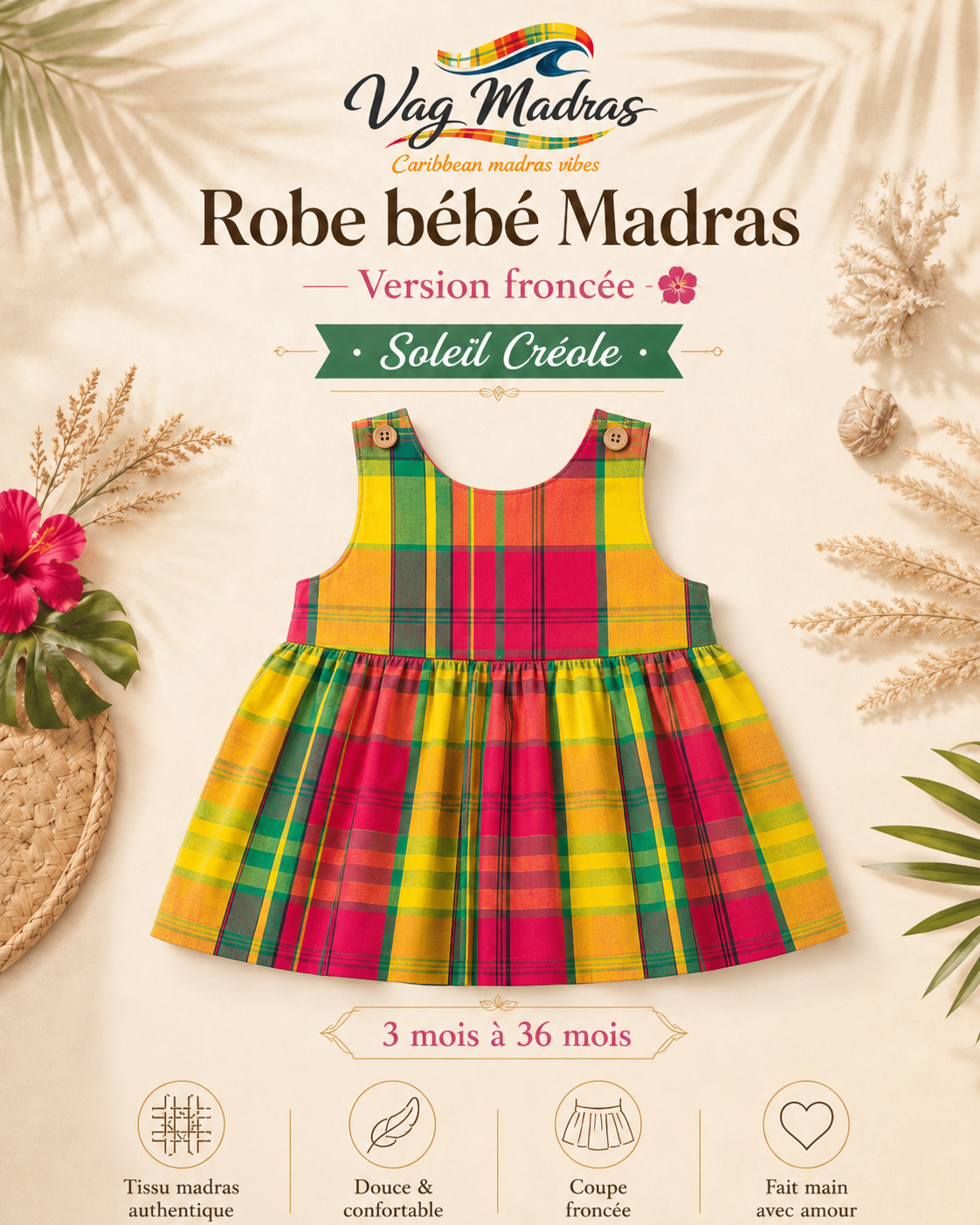 Robe froncée bébé madras Soleil Créole – fait main