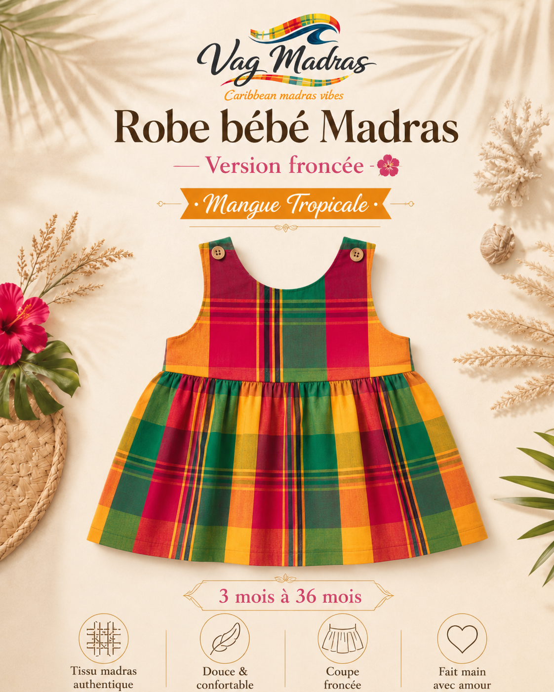 Robe froncée bébé madras Mangue Tropicale – fait main