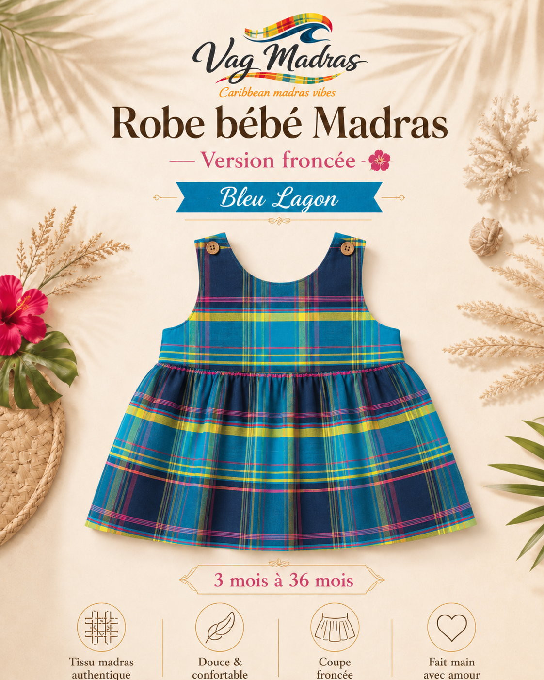 Robe froncée bébé madras Bleu Lagon – fait main