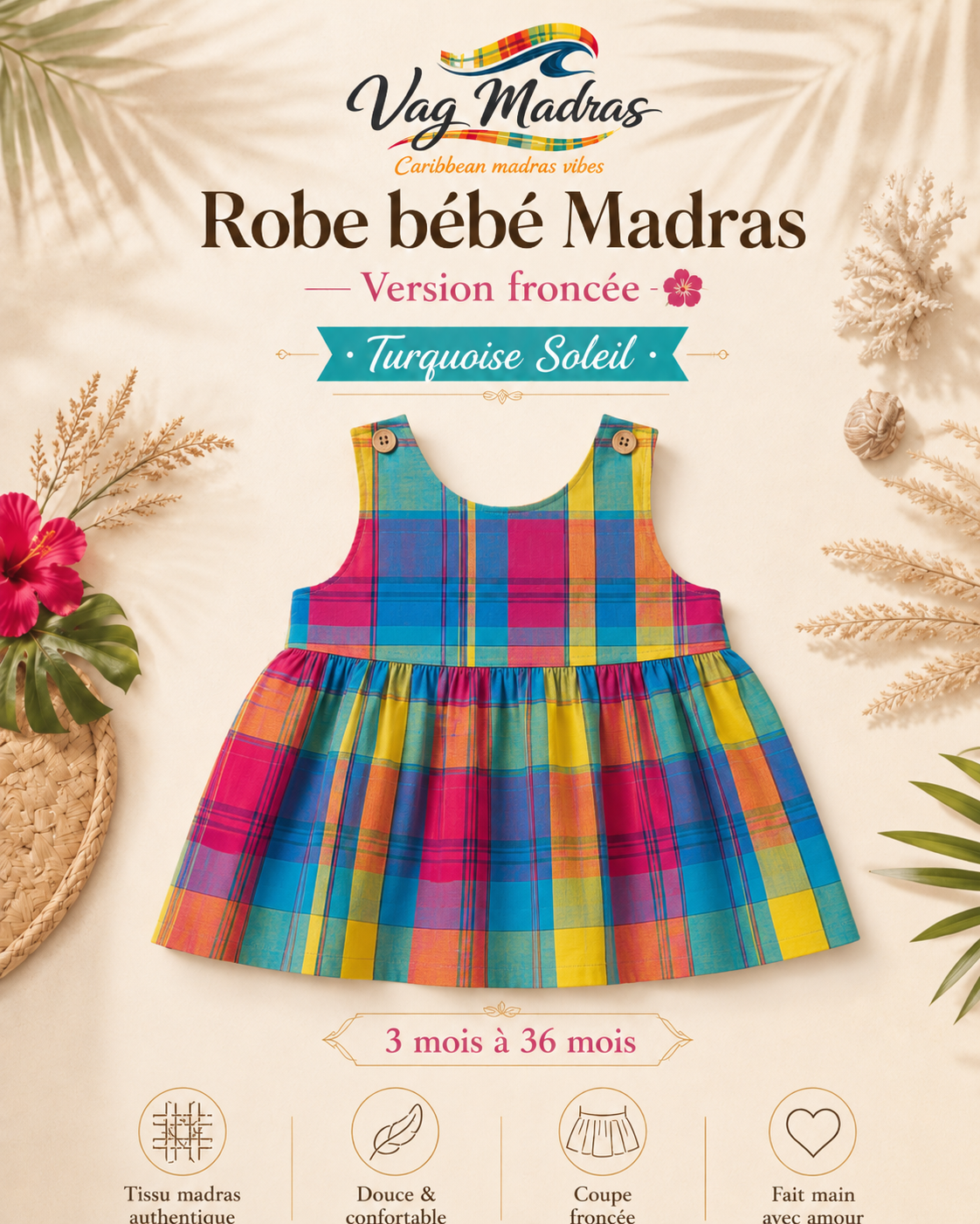 Robe froncée bébé madras Turquoise Soleil – fait main