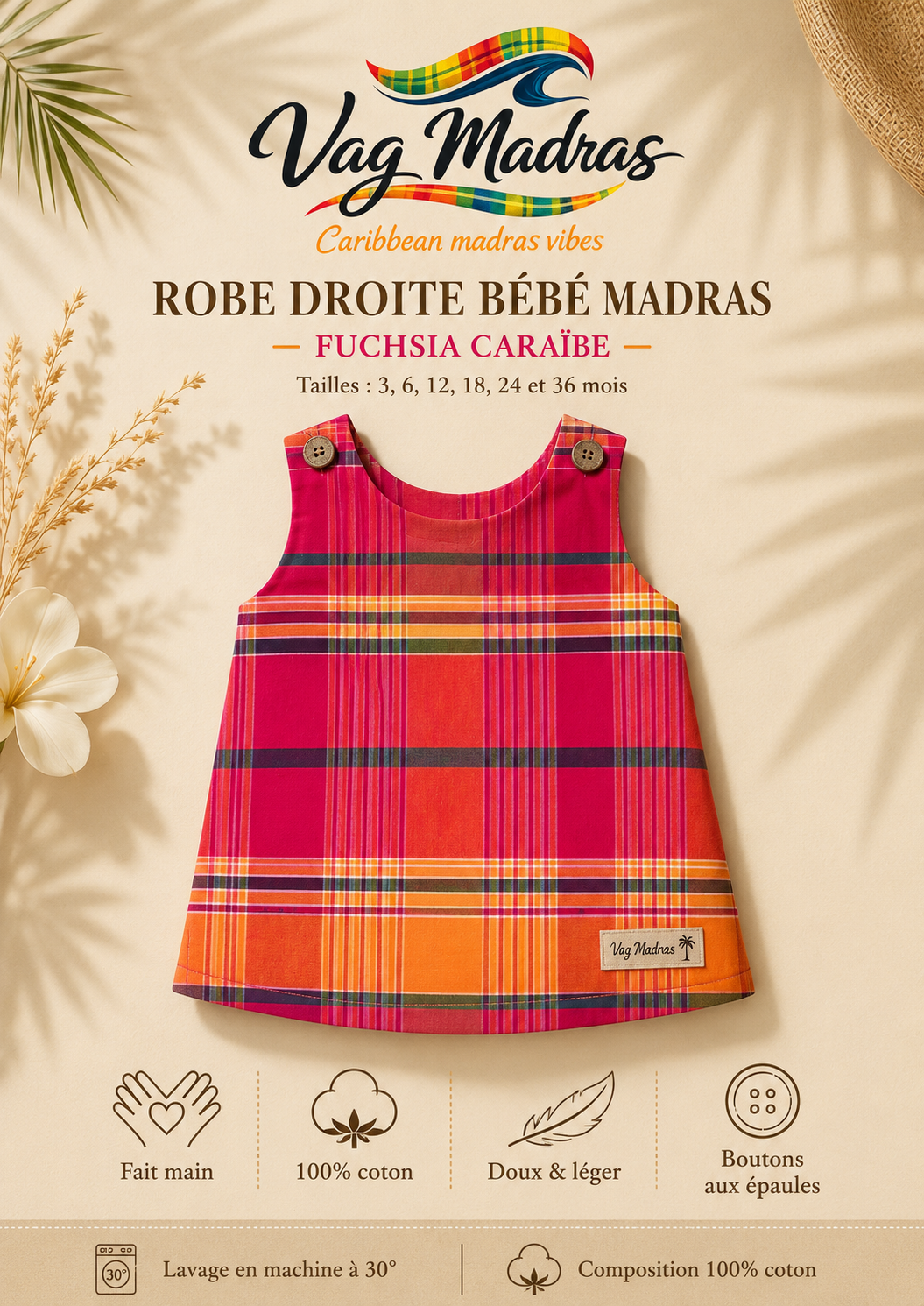 1. Robe droite bébé madras Fuchsia Caraïbe – fait main