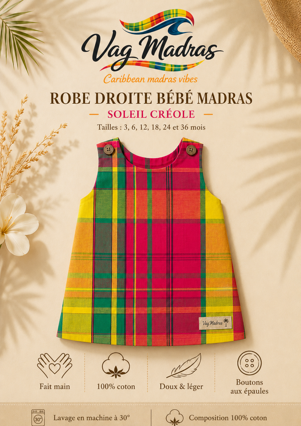 Robe droite bébé madras Soleil Créole – fait main