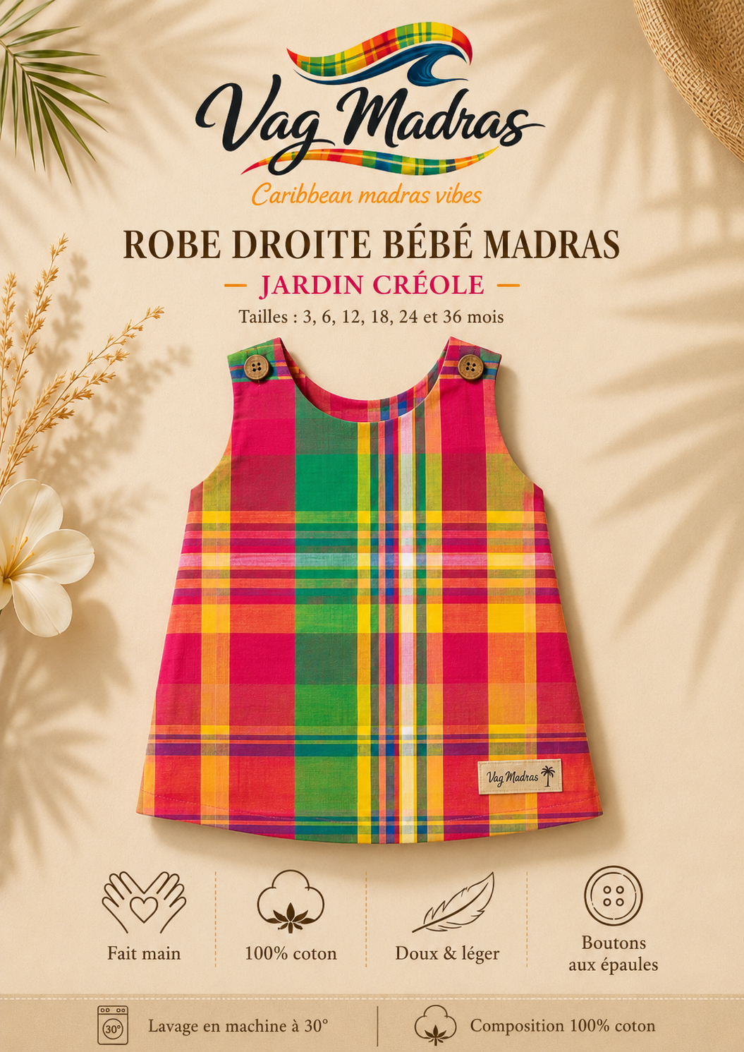 Robe droite bébé madras Jardin Créole – fait main