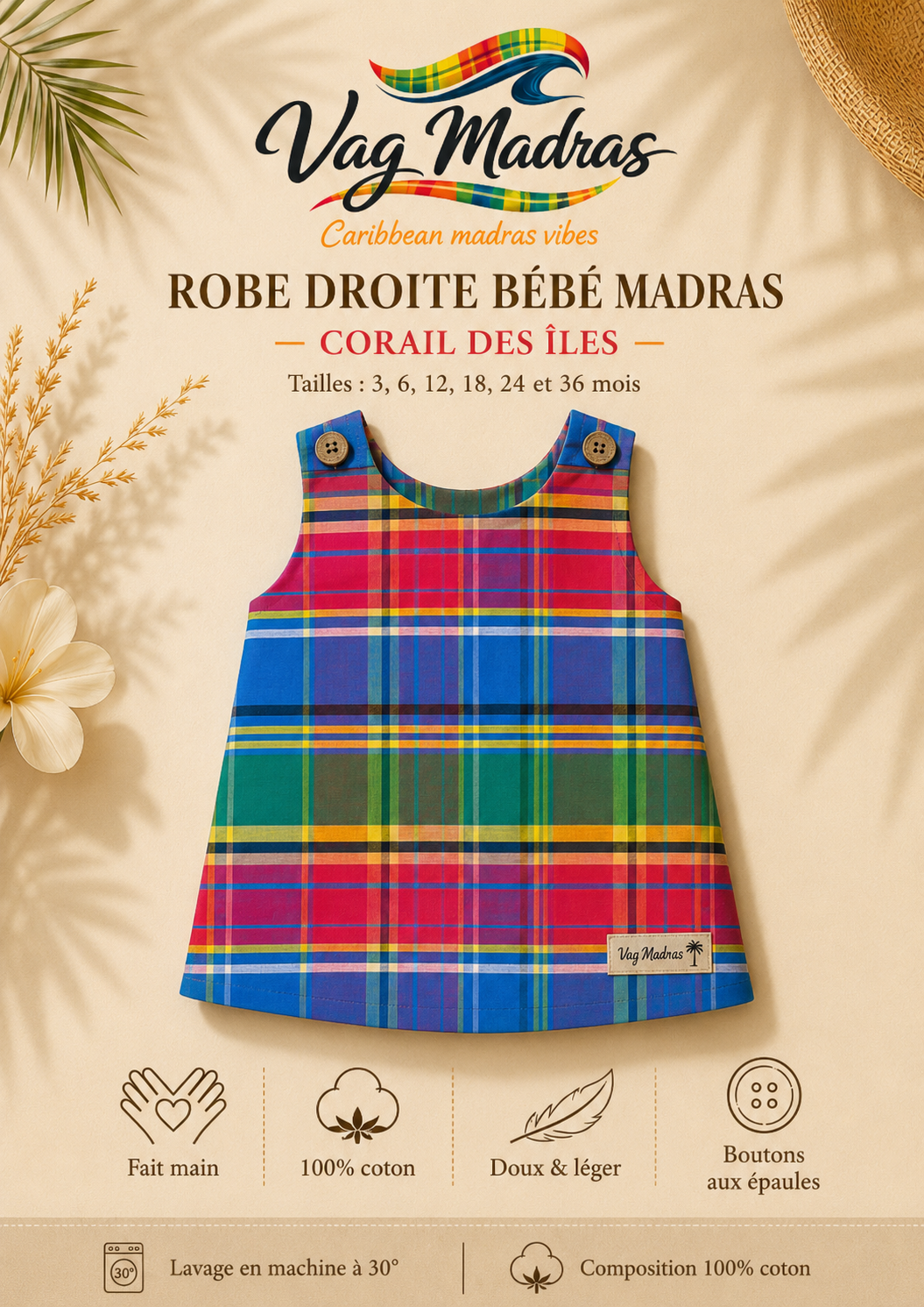 Robe droite bébé madras Corail des Îles – fait main