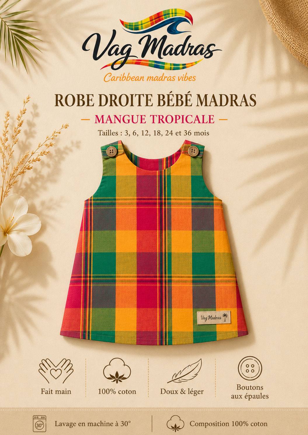 Robe droite bébé madras Mangue Tropicale – fait main