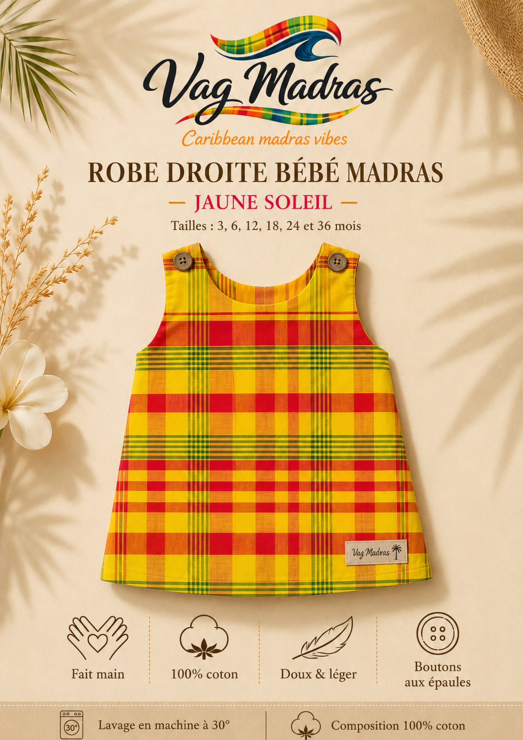 Robe droite bébé madras Jaune Soleil – fait main
