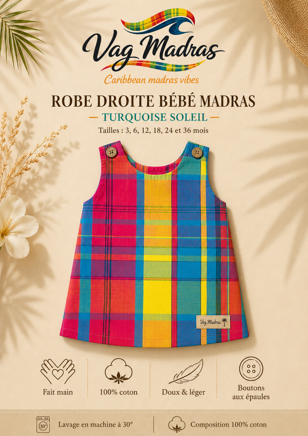 Robe droite bébé madras Turquoise Soleil – fait main