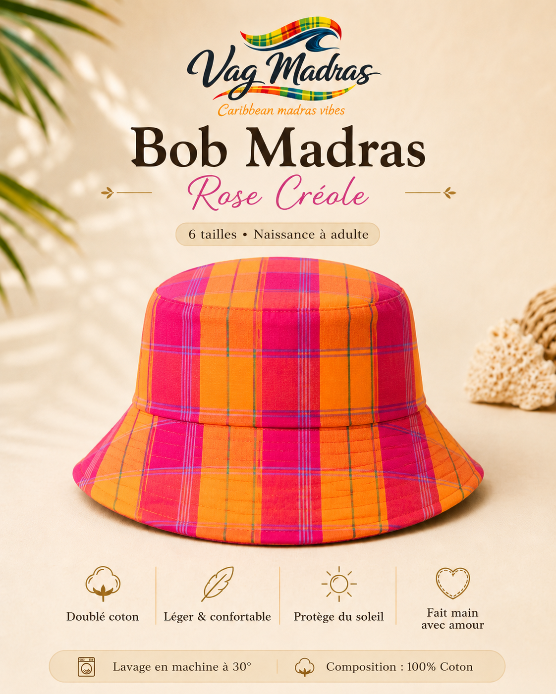 Bob madras Rose Créole – fait main