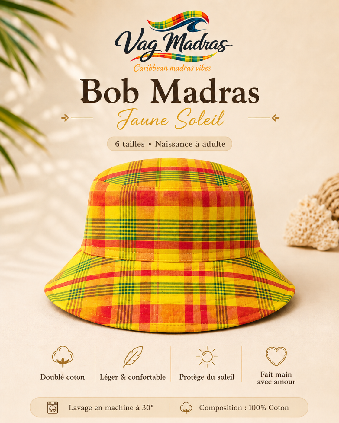 Bob madras Jaune Soleil – fait main