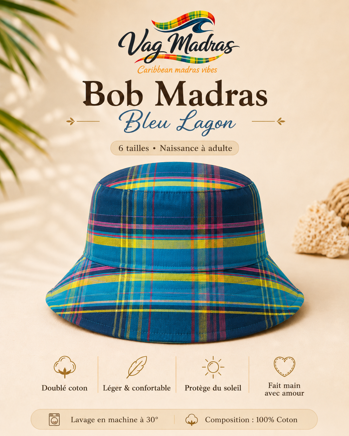Bob madras Bleu Lagon – fait main