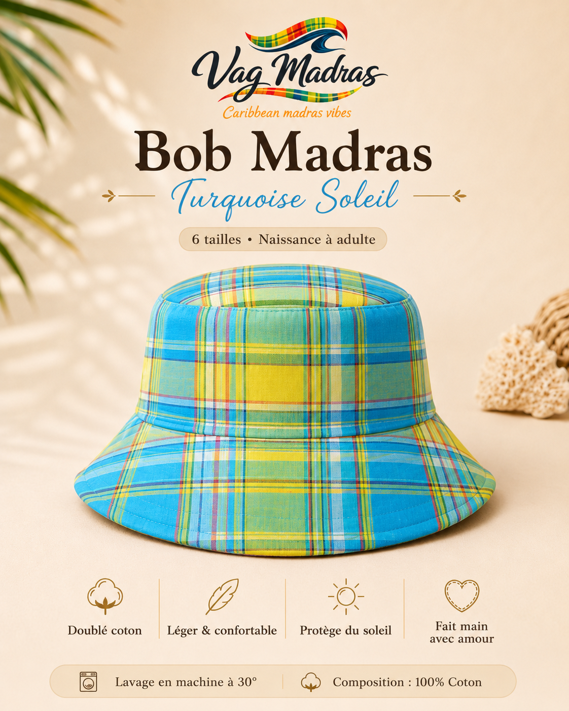 Bob madras Turquoise Soleil – fait main
