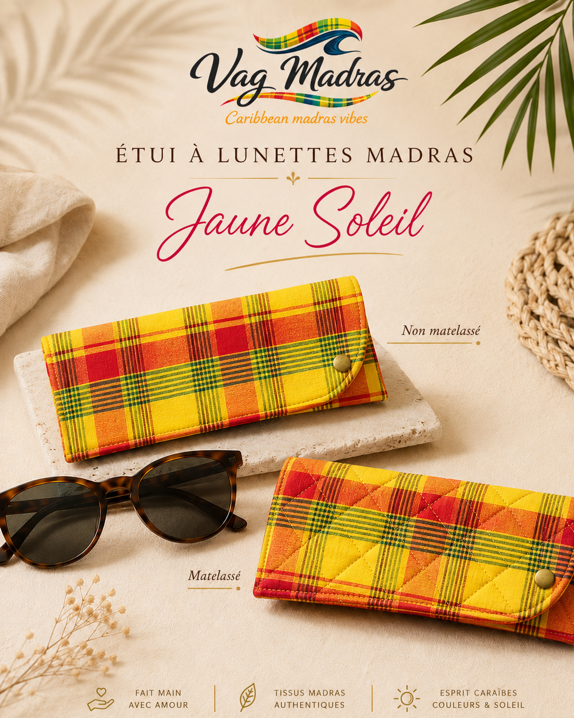 Étui à lunettes madras Jaune Soleil – simple ou matelassé