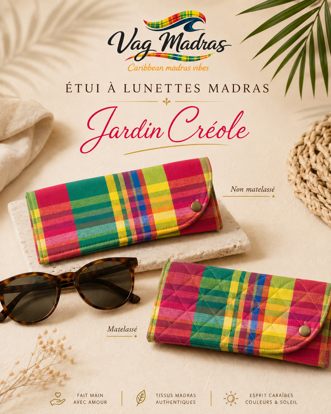 Étui à lunettes madras Jardin Créole – simple ou matelassé