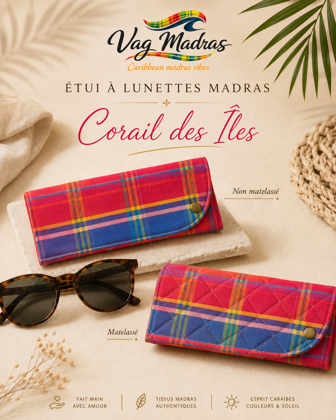 Étui à lunettes madras Corail des Îles – simple ou matelassé