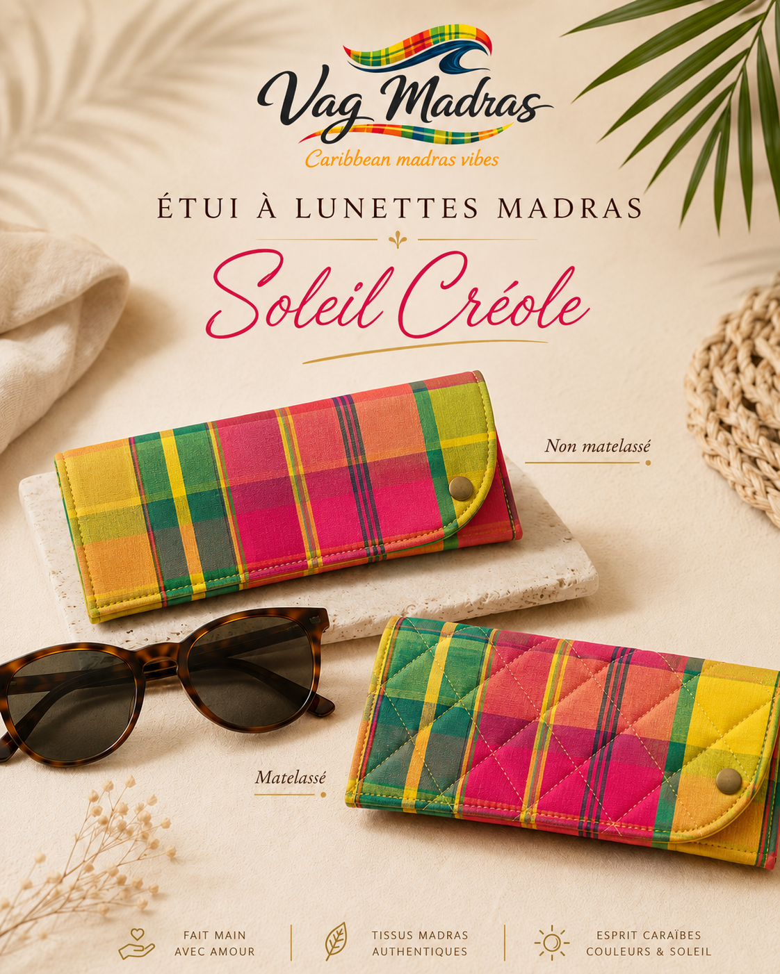 Étui à lunettes madras Soleil Créole – simple ou matelassé