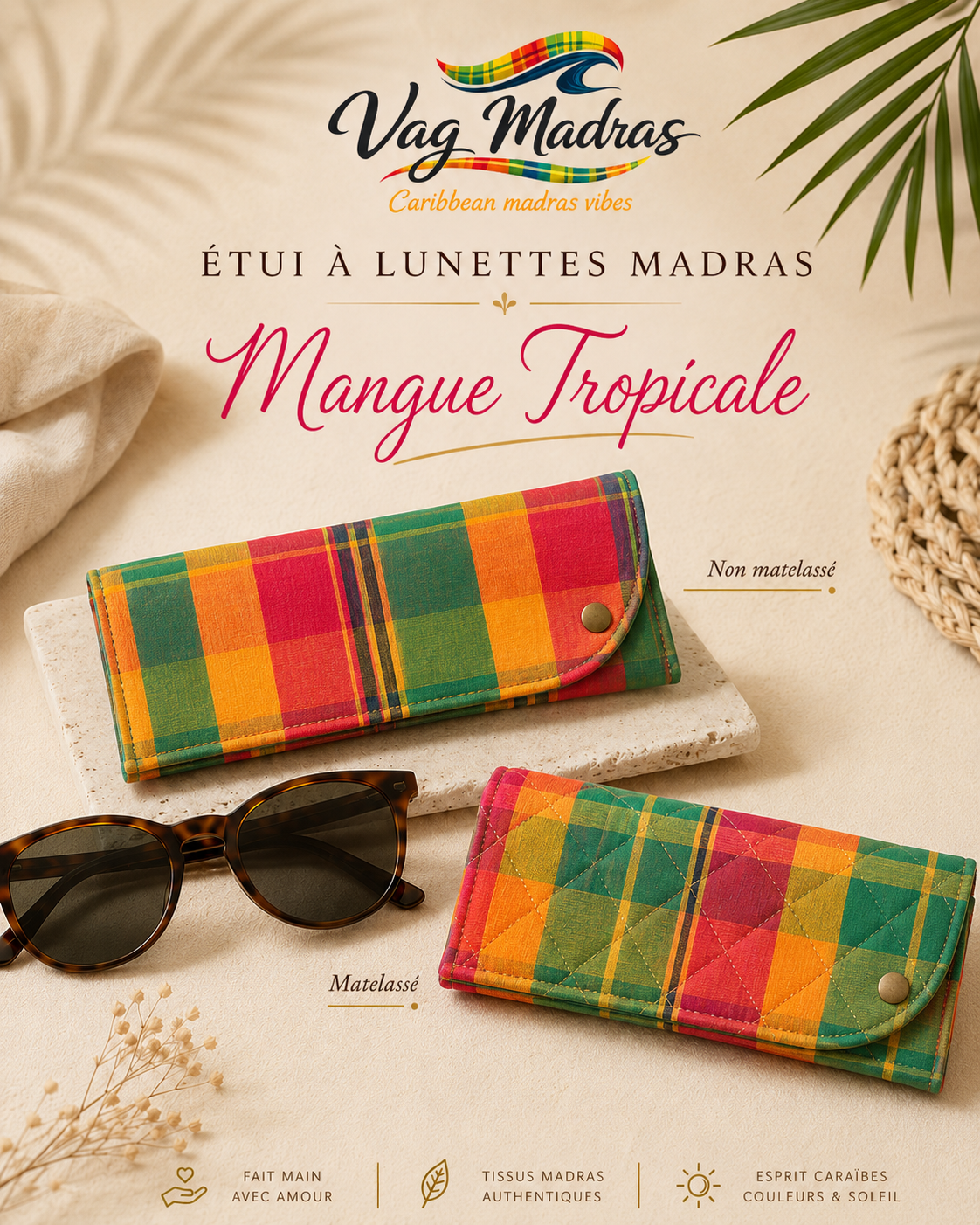 Étui à lunettes madras Mangue Tropicale – simple ou matelassé