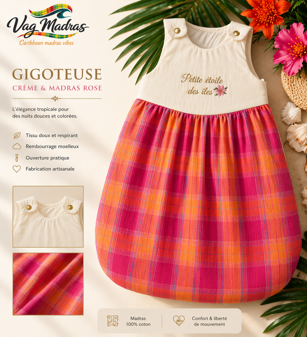 Gigoteuse bébé crème & madras – fait main