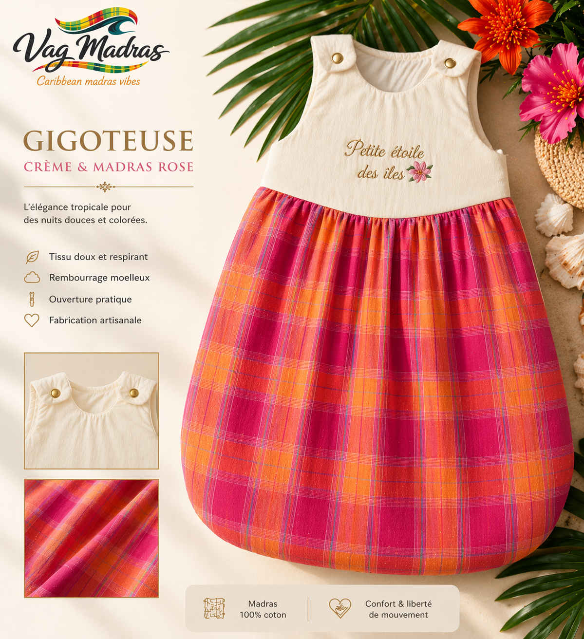 Gigoteuse bébé crème & madras – fait main