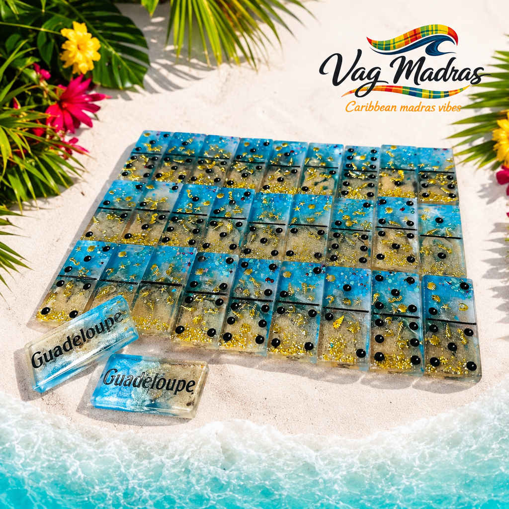 Jeu de dominos en résine Guadeloupe – Bleu Lagon & Or
