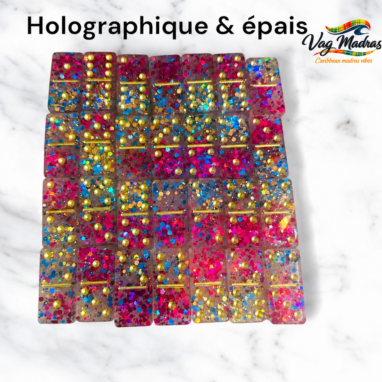 Jeu de dominos en résine Holographique Rose, Bleu & Or – Édition Tropicale