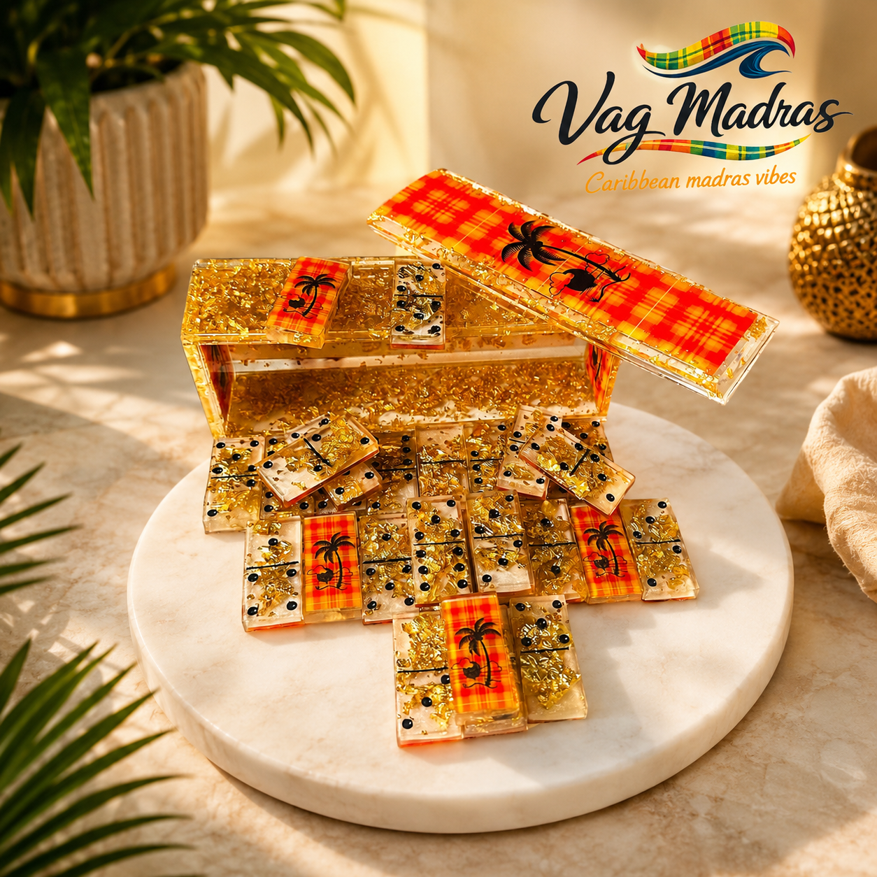 Jeu de dominos en résine Madras Soleil & Palmiers – Coffret Doré