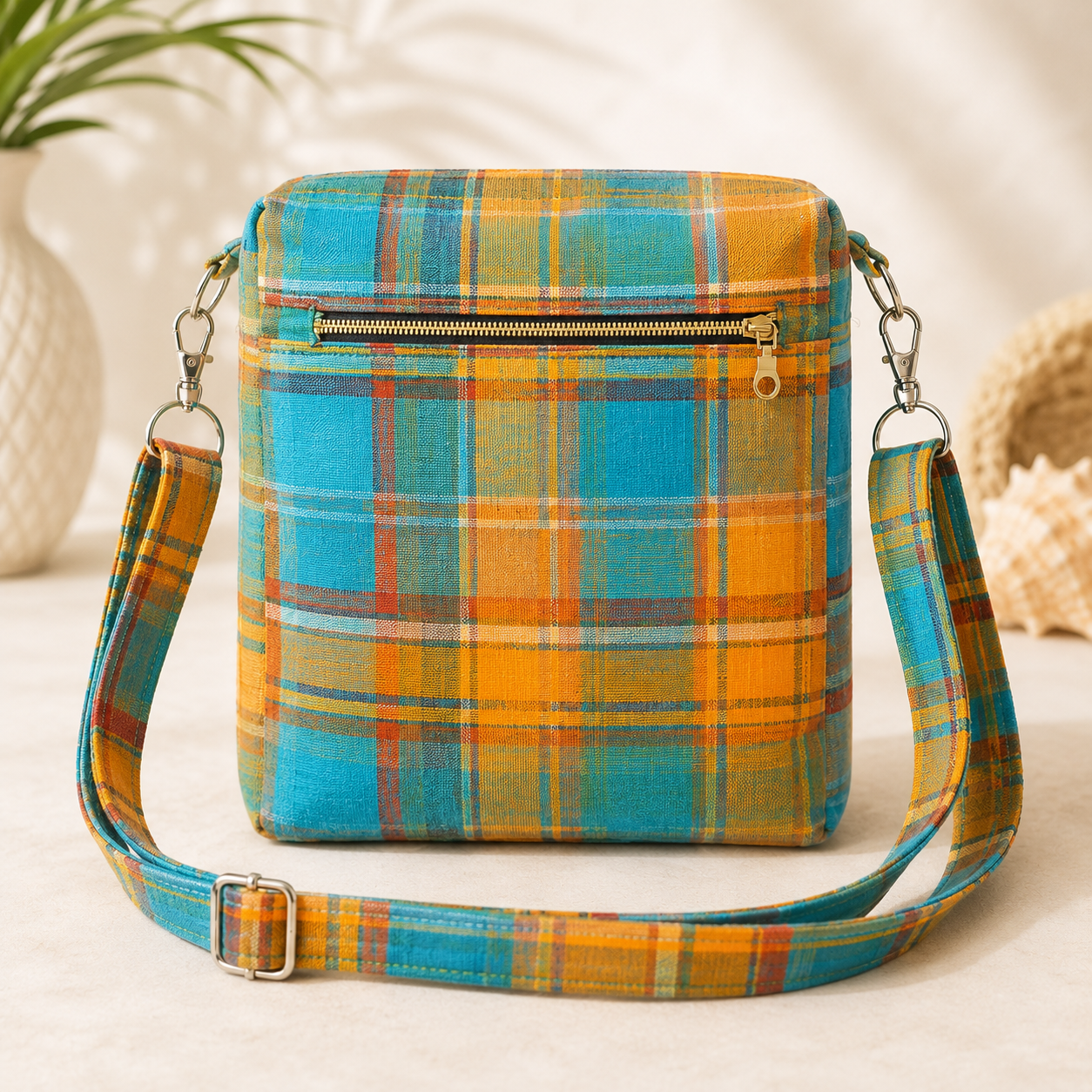 Sac bandoulière Madras personnalisable – Tissu au choix