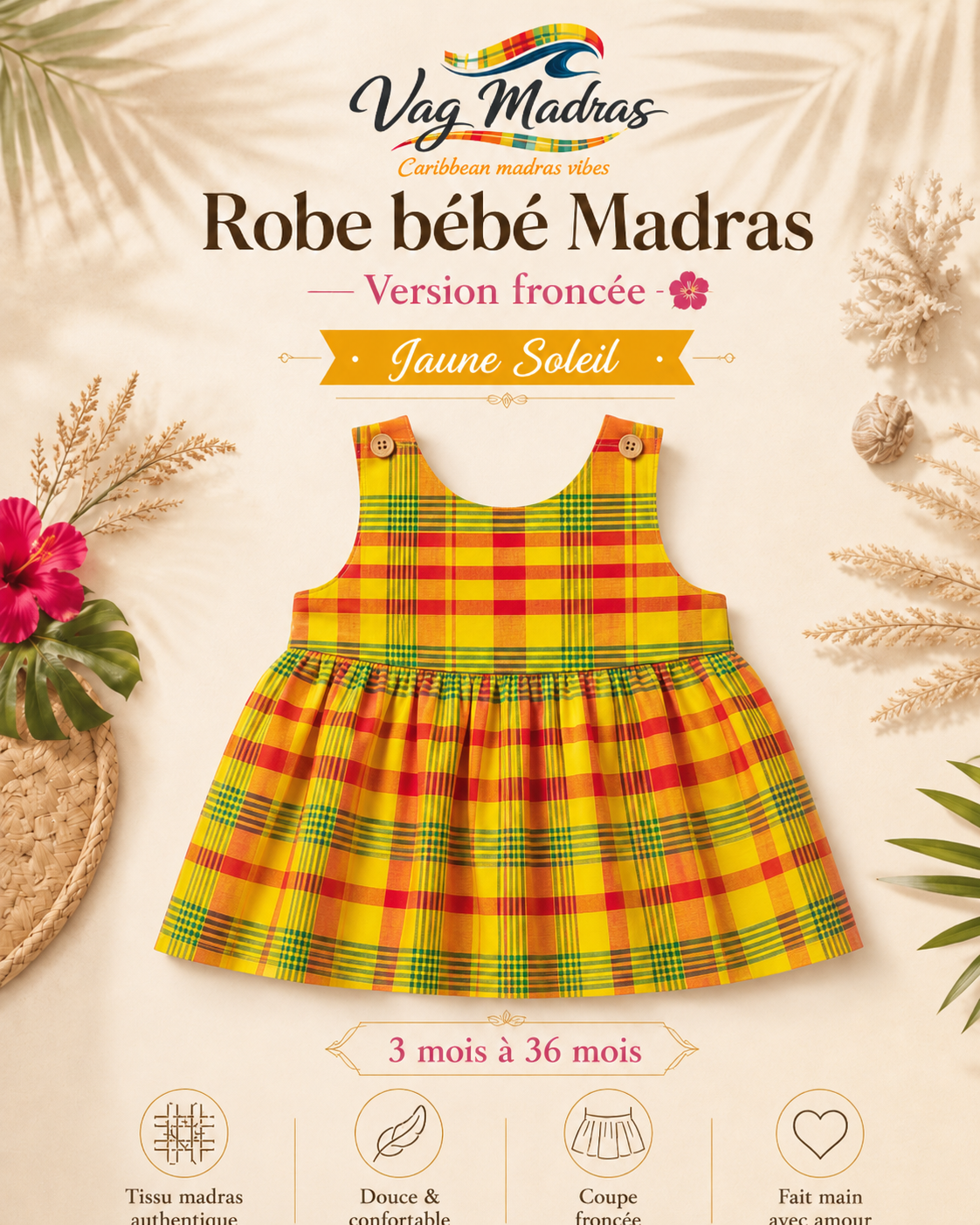 Robe froncée bébé madras Jaune Soleil – fait main