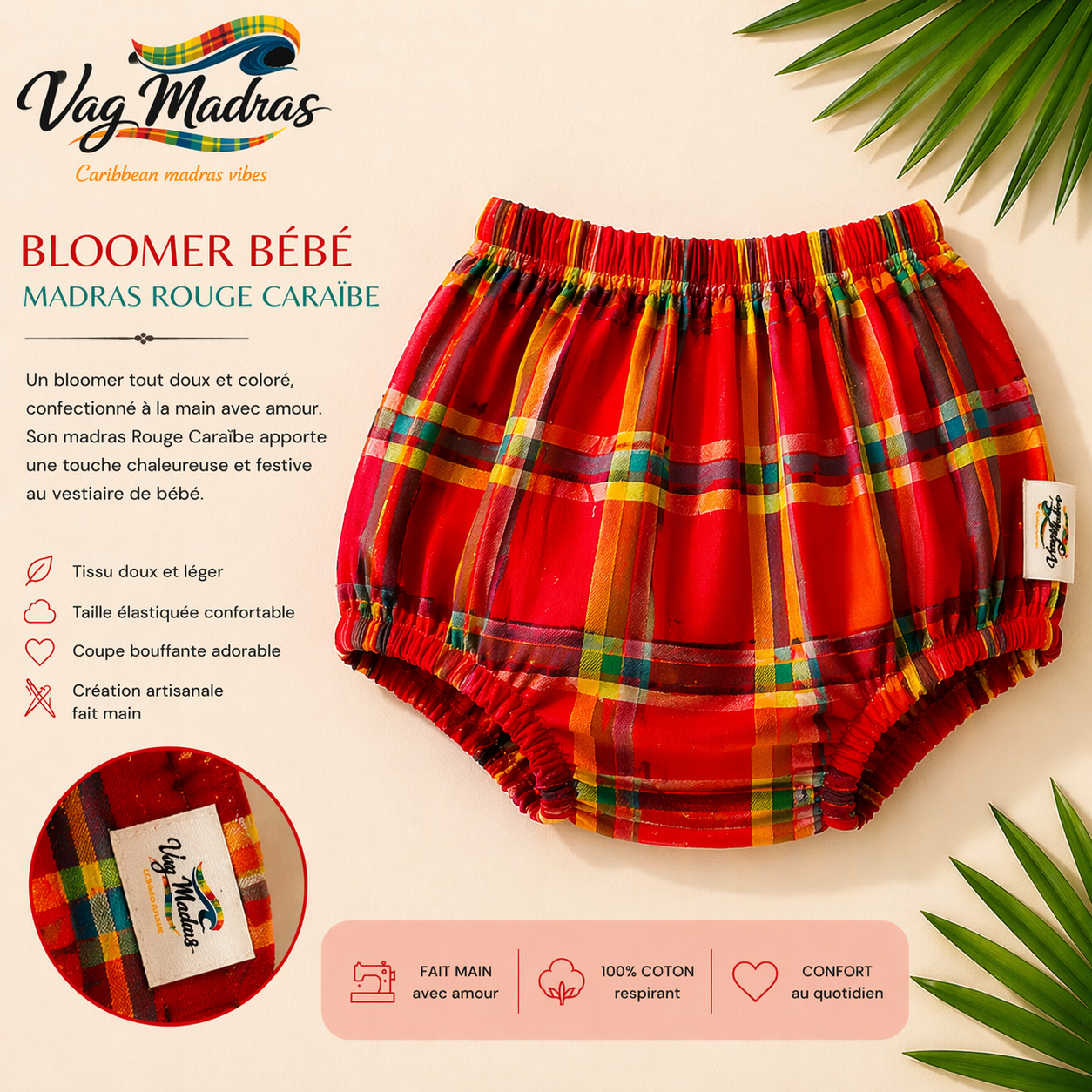 Bloomer bébé rouge caraïbe – fait main