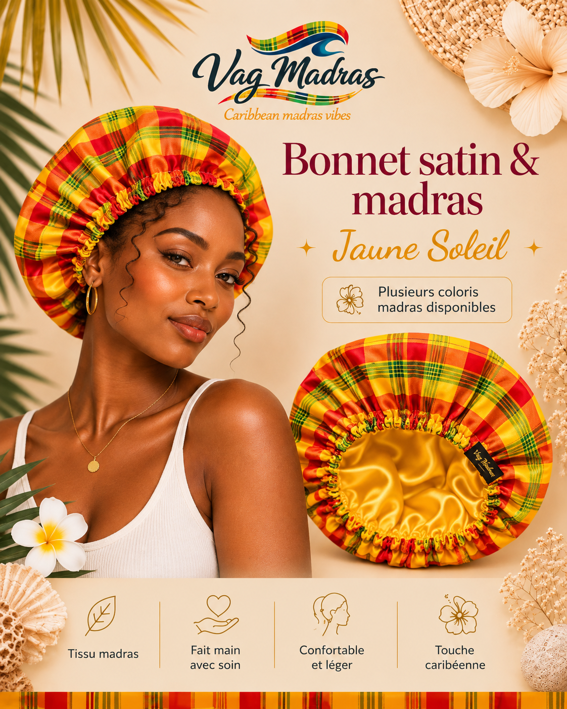 Bonnet satin & madras – fait main – vue 1 – Vag Madras