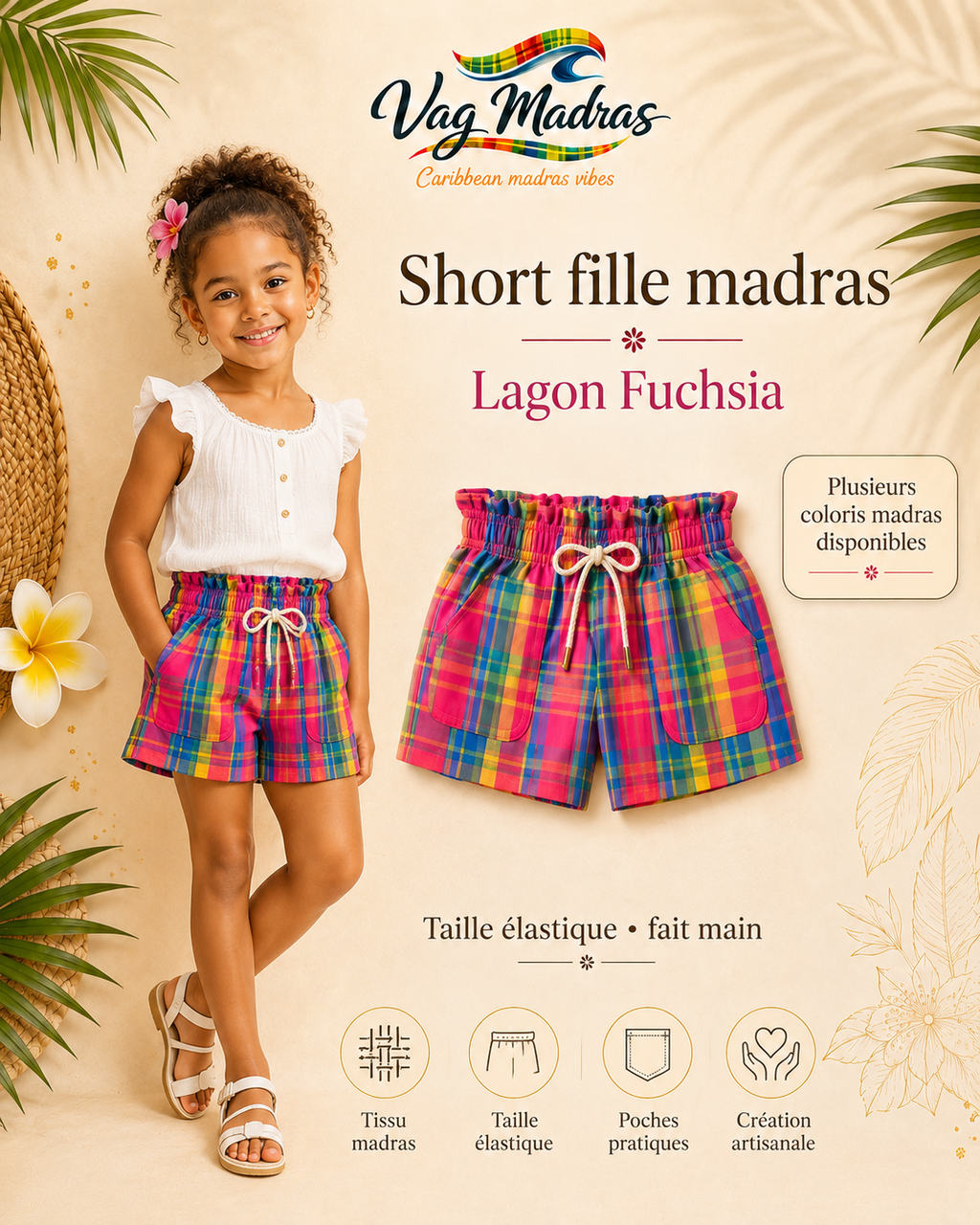 Short fille madras – Taille élastique – fait main