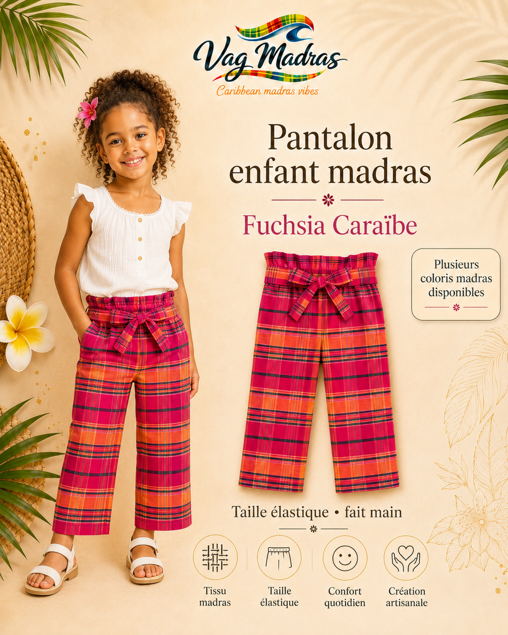 Pantalon enfant madras – Taille élastique – fait main