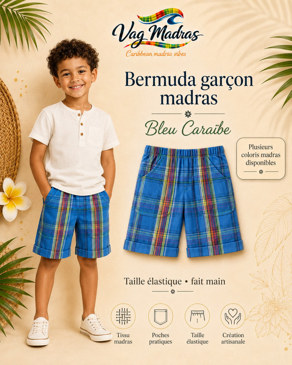Bermuda garçon madras – Taille élastique – fait main