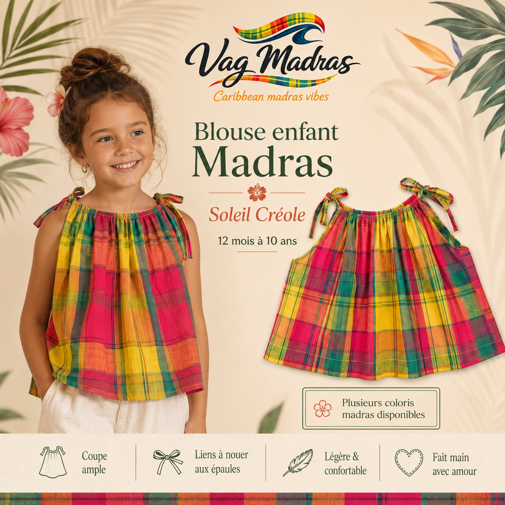 Blouse enfant madras – Bretelles à nouer – fait main