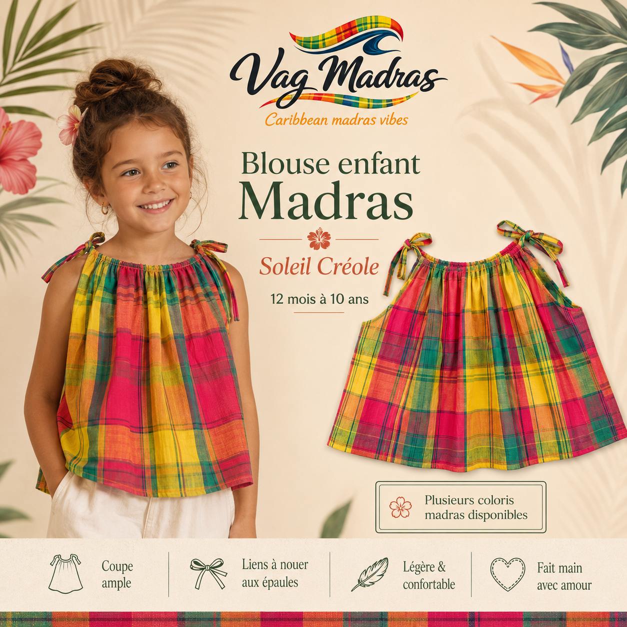 Blouse enfant madras – Bretelles à nouer – fait main