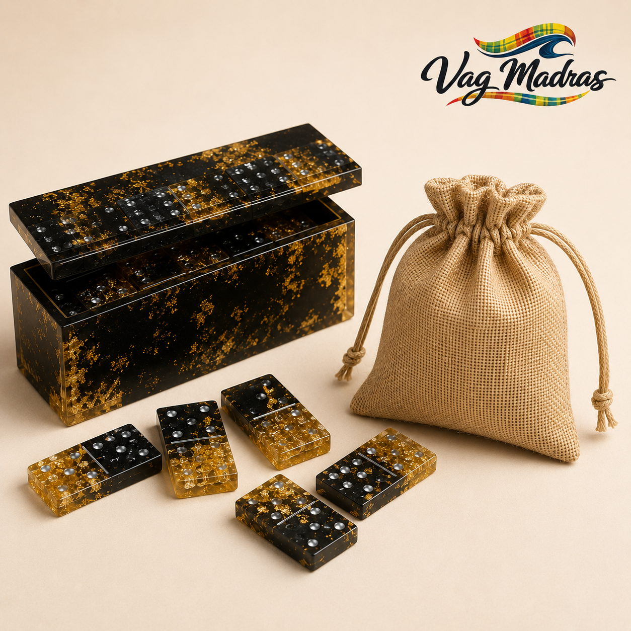 Jeu de dominos en résine Noir & Or – Édition Prestige