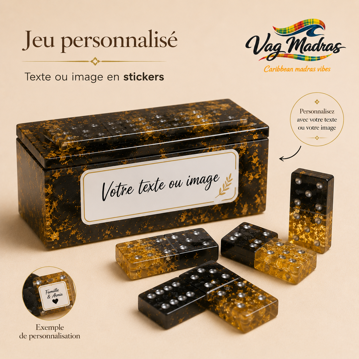 Jeu de dominos en résine Madras Holographique & Épais – Hibiscus