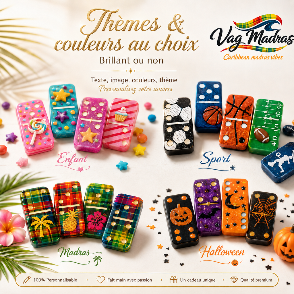 Jeu de dominos en résine personnalisable – Thème & couleurs au choix