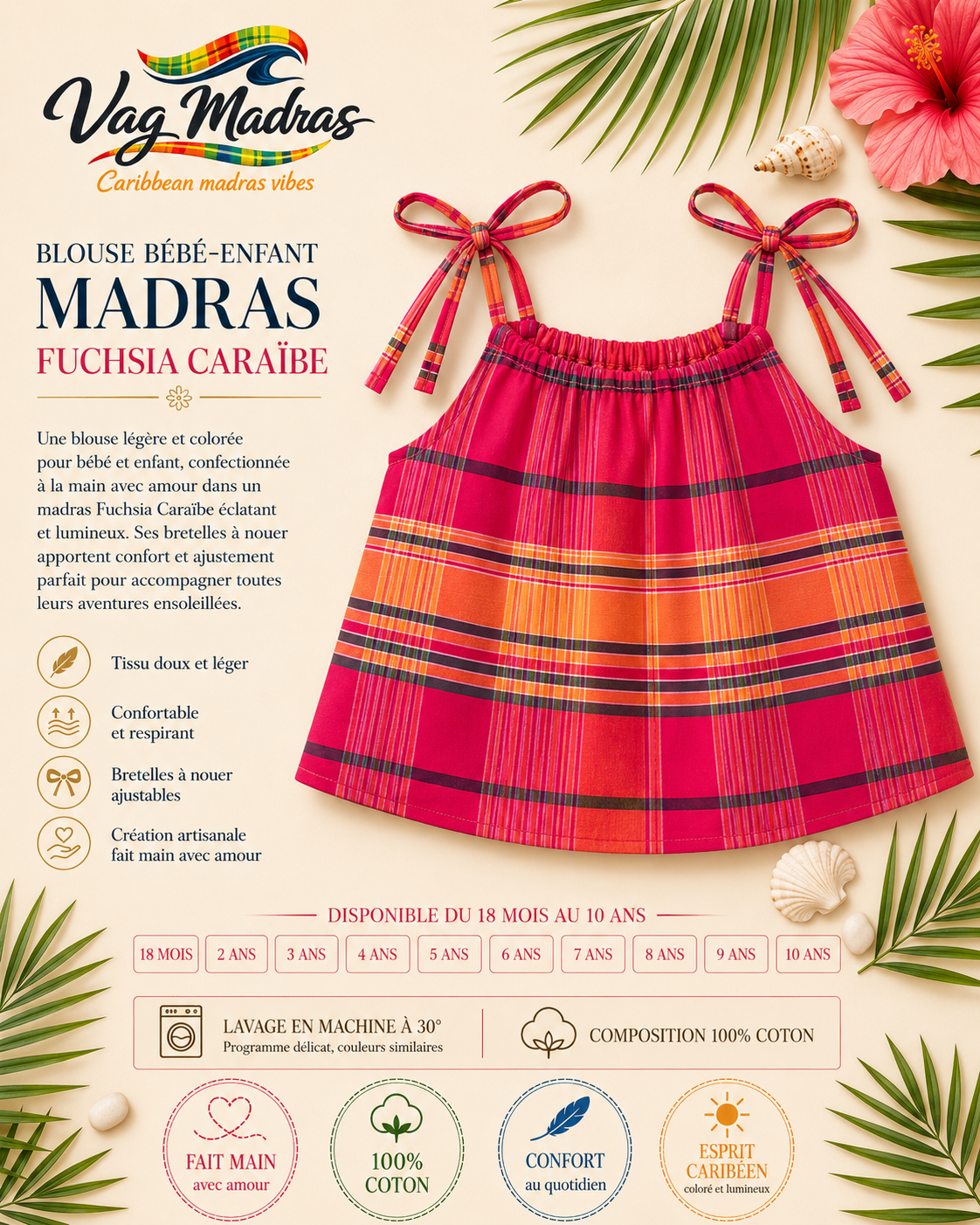 Blouse bébé-enfant madras Fuchsia Caraïbe – fait main