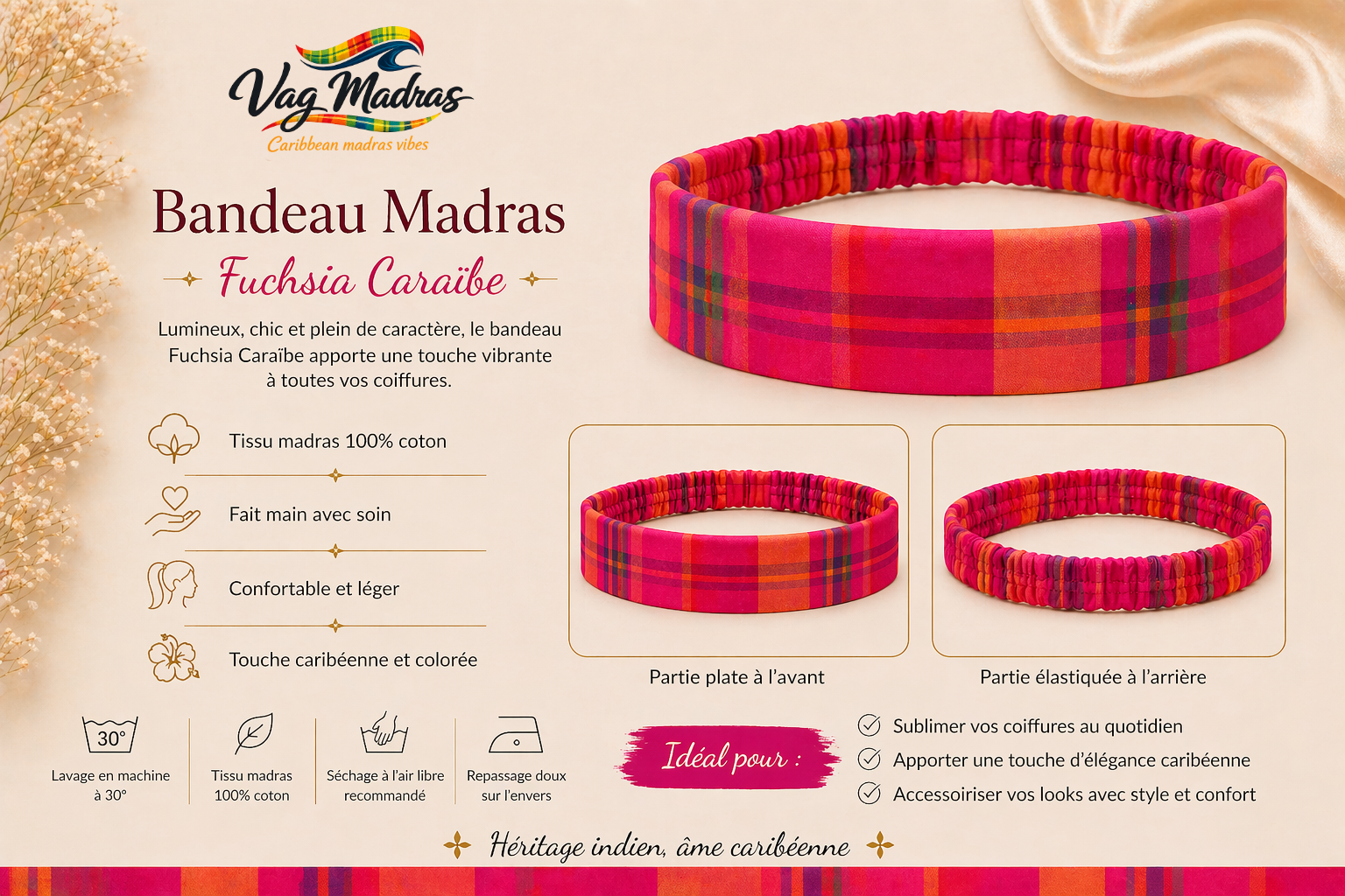Bandeau Madras Fuchsia Caraïbe – fait main