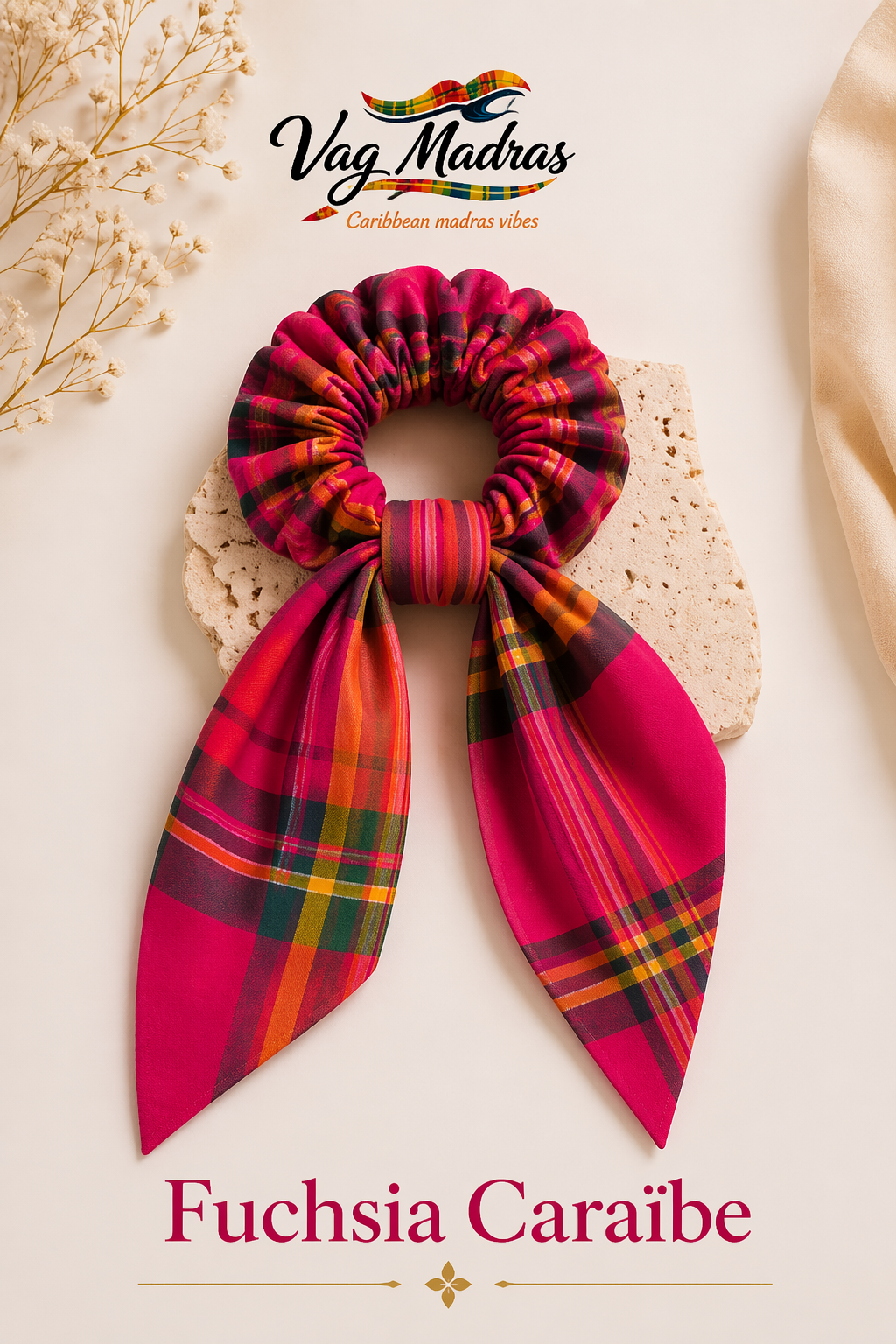 Foulchie madras Fuchsia Caraïbe – fait main