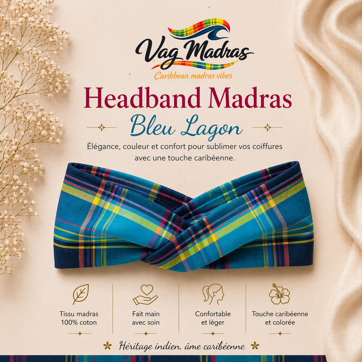 Headband Madras Bleu Lagon – fait main